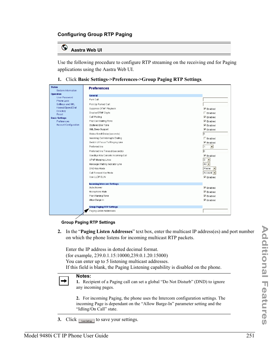 Configuring group rtp paging, Additional features | Aastra Telecom 9480i CT User Manual | Page 261 / 290