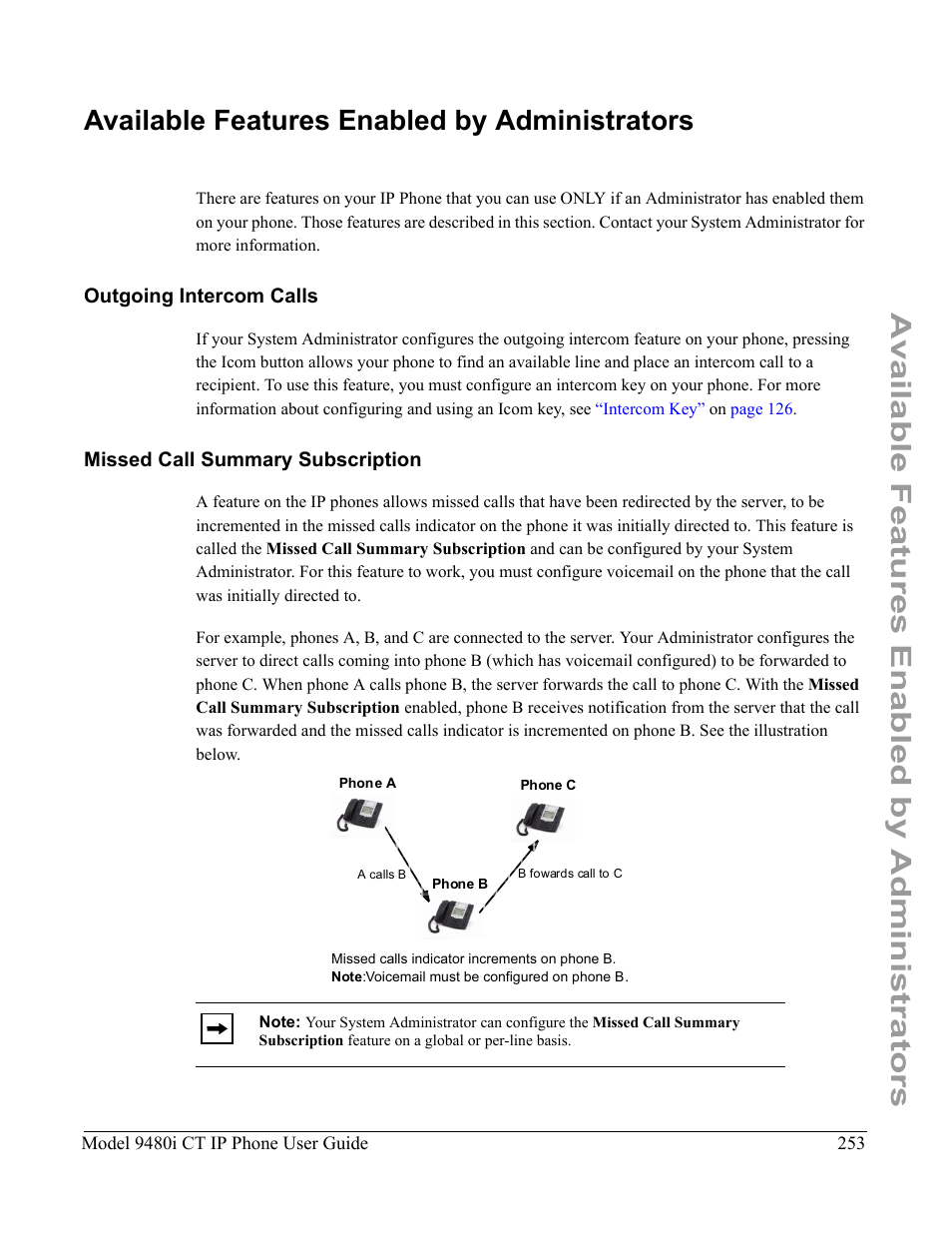 Available features enabled by administrators, Outgoing intercom calls, Missed call summary subscription | Aastra Telecom 9480i CT User Manual | Page 263 / 290