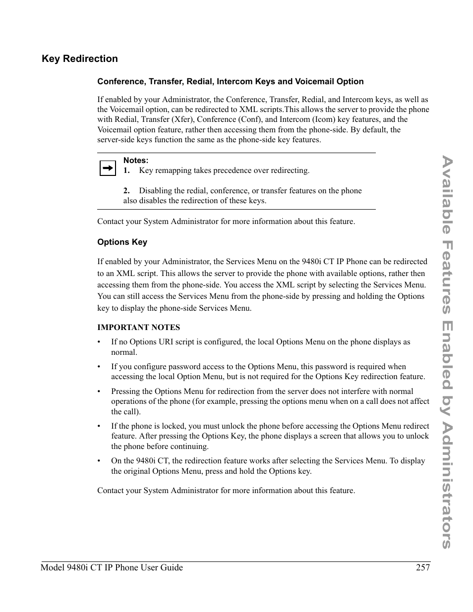 Key redirection, Options key, Available features enabled by administrators | Aastra Telecom 9480i CT User Manual | Page 267 / 290