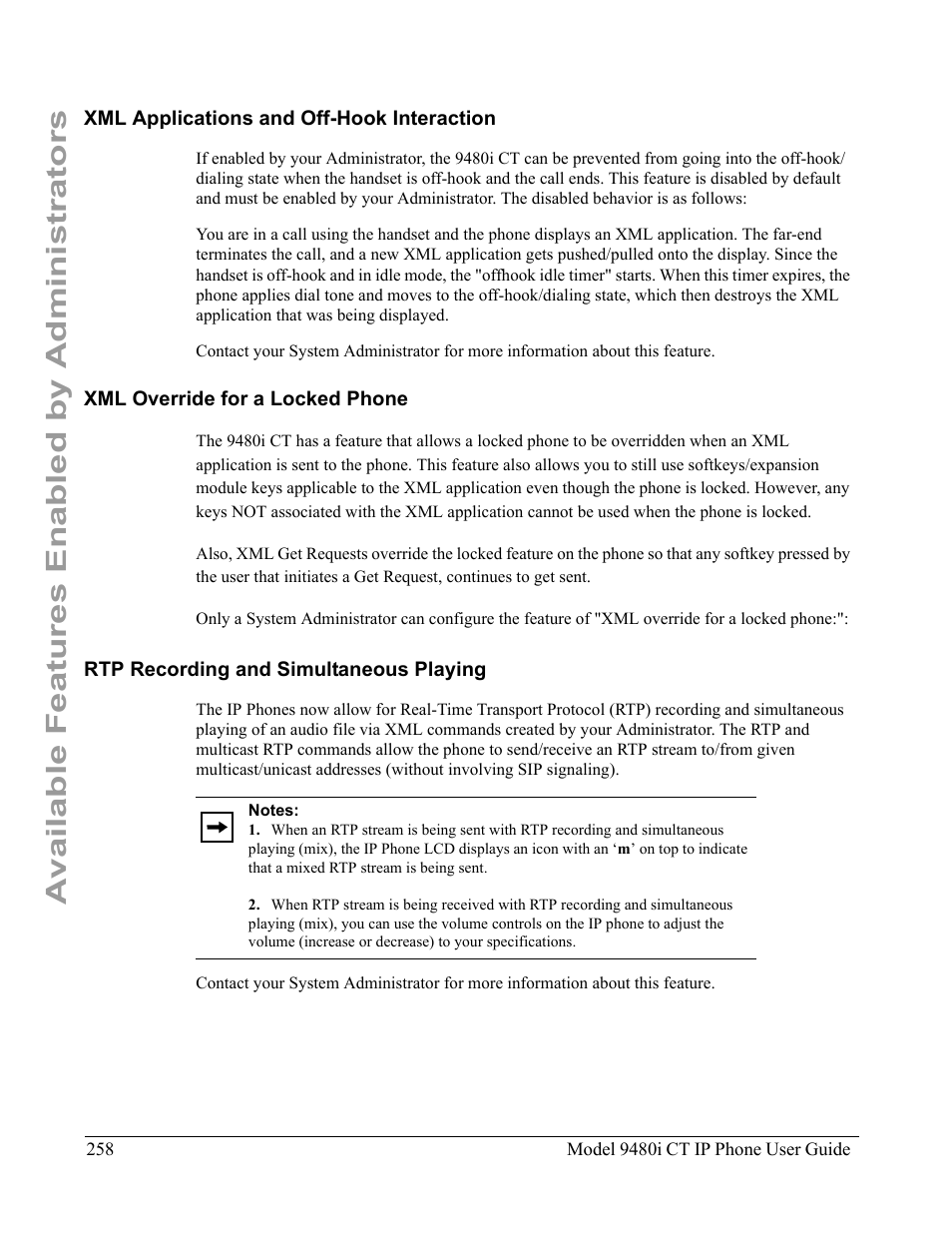 Xml applications and off-hook interaction, Xml override for a locked phone, Rtp recording and simultaneous playing | Available features enabled by administrators | Aastra Telecom 9480i CT User Manual | Page 268 / 290