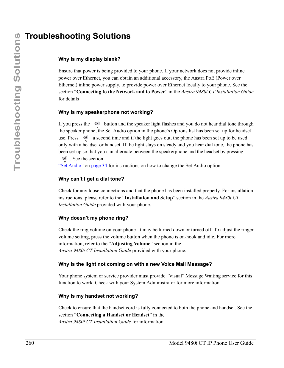Troubleshooting solutions, Why is my display blank, Why is my speakerphone not working | Why can’t i get a dial tone, Why doesn’t my phone ring, Why is my handset not working | Aastra Telecom 9480i CT User Manual | Page 270 / 290