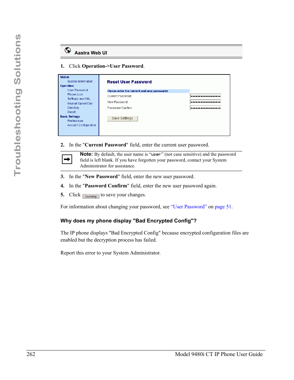 Why does my phone display "bad encrypted config, Troubleshooting solutions | Aastra Telecom 9480i CT User Manual | Page 272 / 290