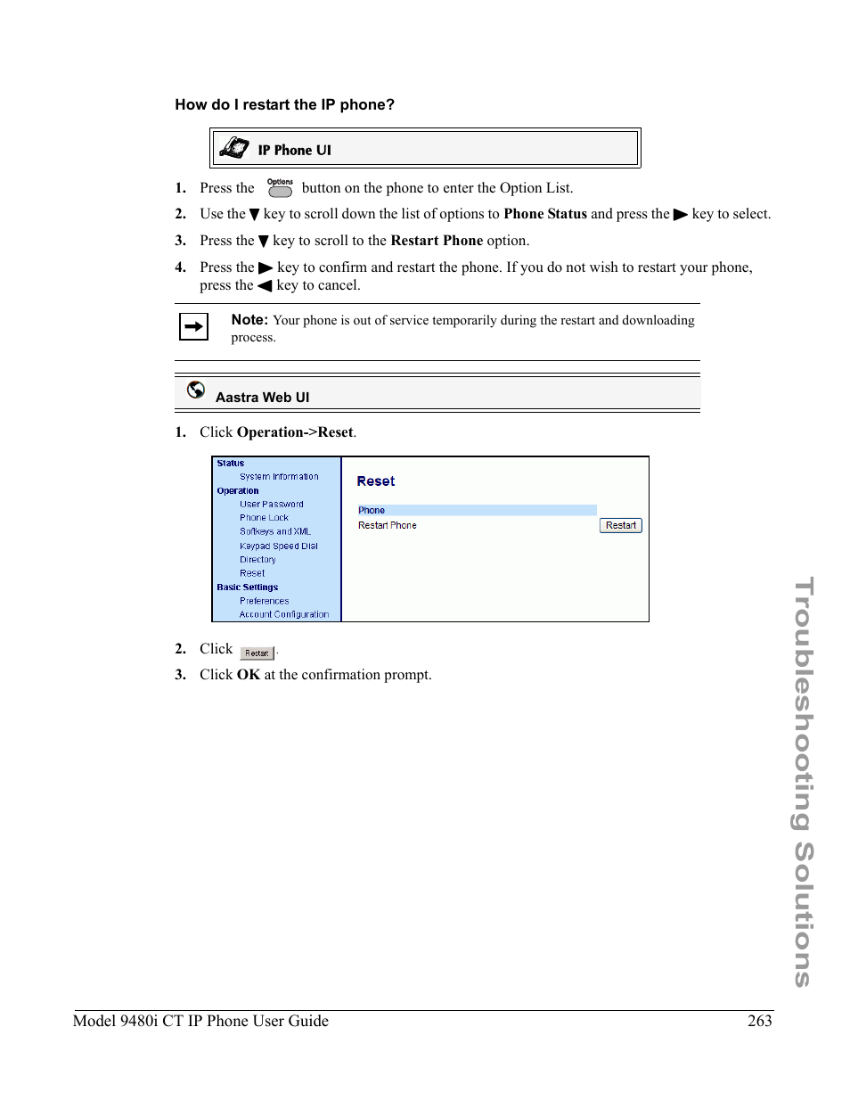 How do i restart the ip phone, Troubleshooting solutions | Aastra Telecom 9480i CT User Manual | Page 273 / 290