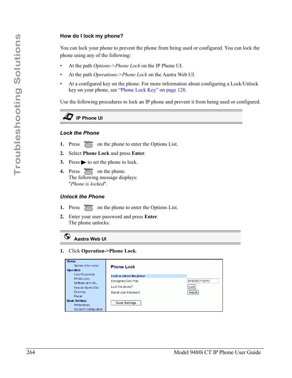 How do i lock my phone, Lock the phone, Unlock the phone | Troubleshooting solutions | Aastra Telecom 9480i CT User Manual | Page 274 / 290