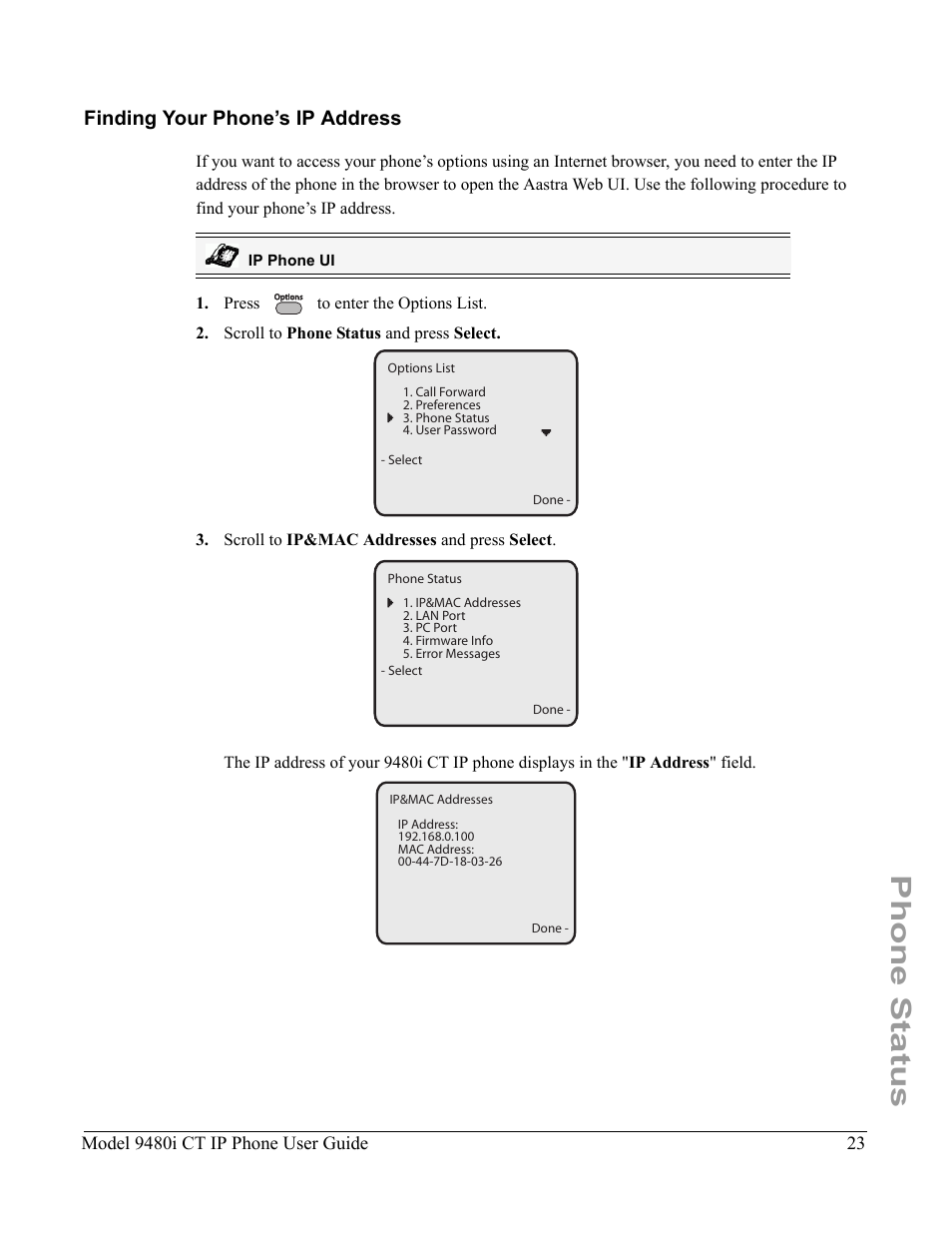 Finding your phone’s ip address, Finding your, Phone’s ip address | Phone status, Model 9480i ct ip phone user guide | Aastra Telecom 9480i CT User Manual | Page 33 / 290
