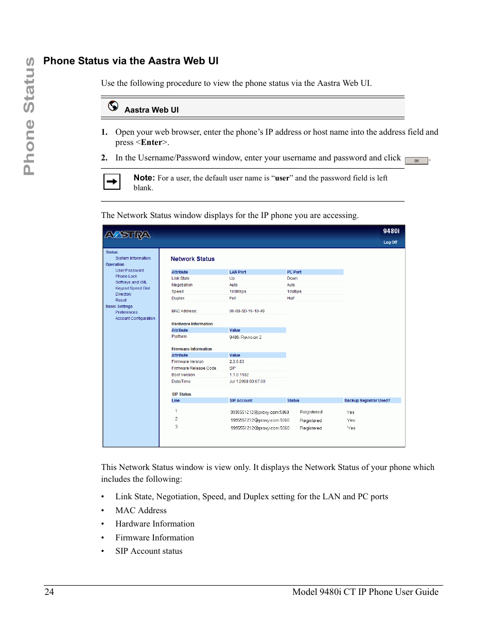 Phone status via the aastra web ui, Phone status | Aastra Telecom 9480i CT User Manual | Page 34 / 290