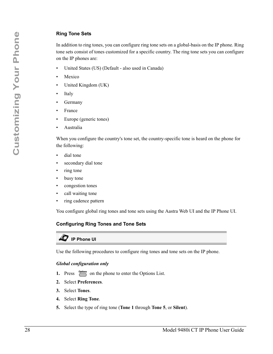 Ring tone sets, Configuring ring tones and tone sets, Customizing your phone | Aastra Telecom 9480i CT User Manual | Page 38 / 290