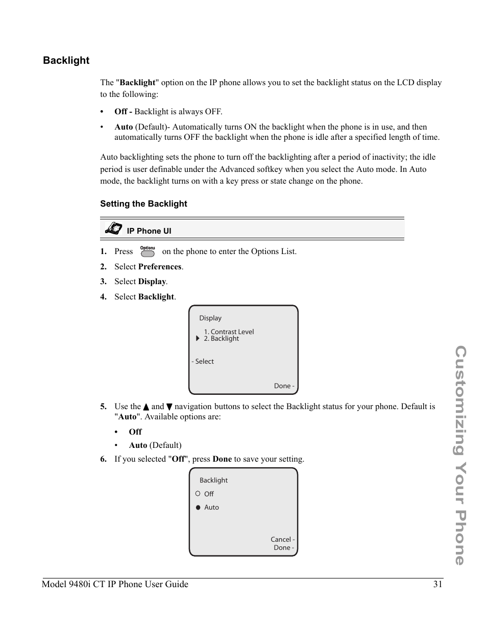 Backlight, Setting the backlight, Customizing your phone | Aastra Telecom 9480i CT User Manual | Page 41 / 290