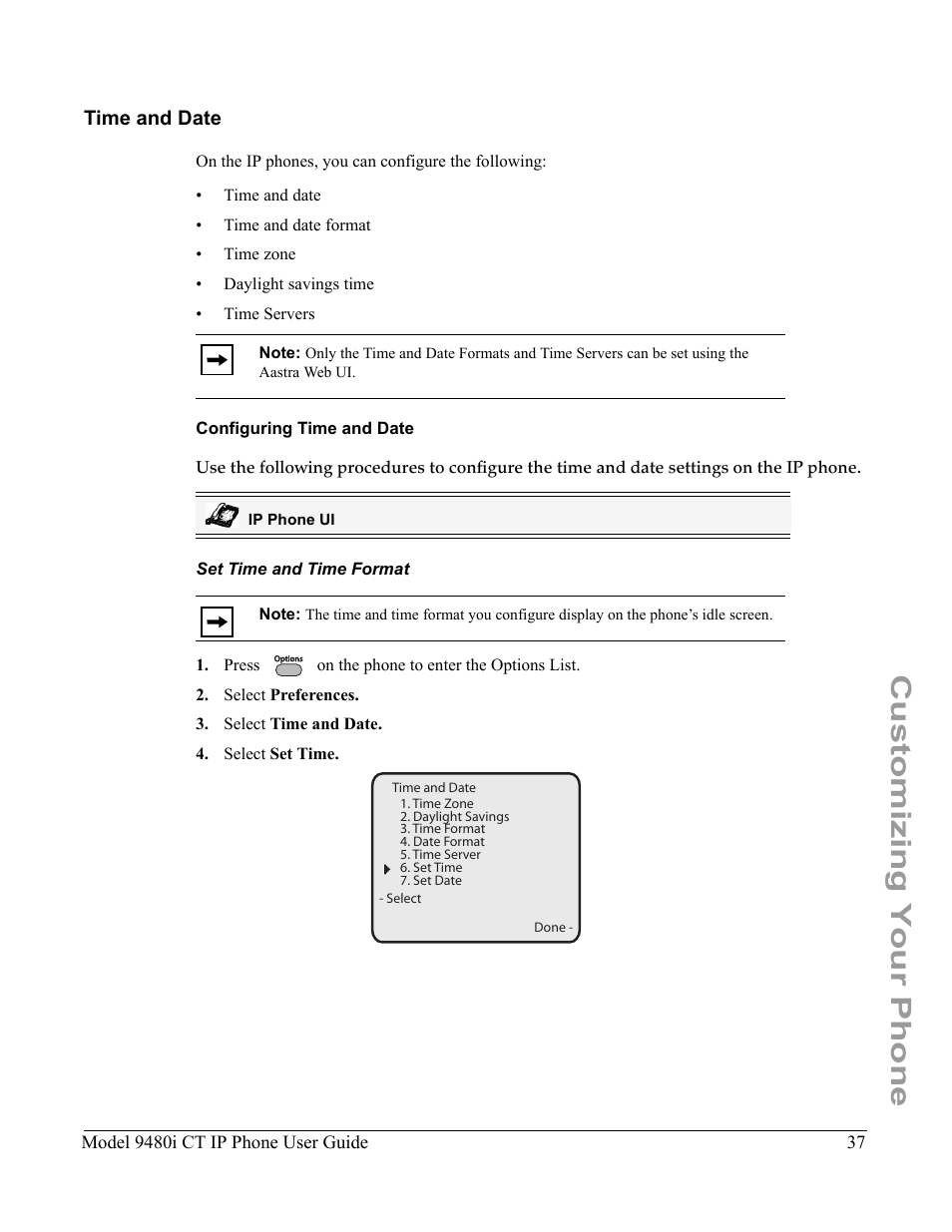 Time and date, Configuring time and date, Set time and time format | Customizing your phone | Aastra Telecom 9480i CT User Manual | Page 47 / 290