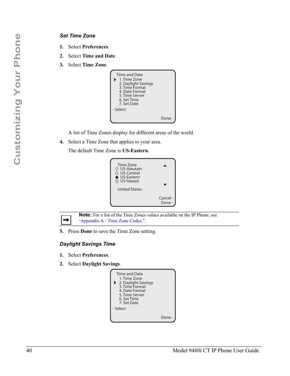Set time zone, Daylight savings time, Customizing your phone | Aastra Telecom 9480i CT User Manual | Page 50 / 290
