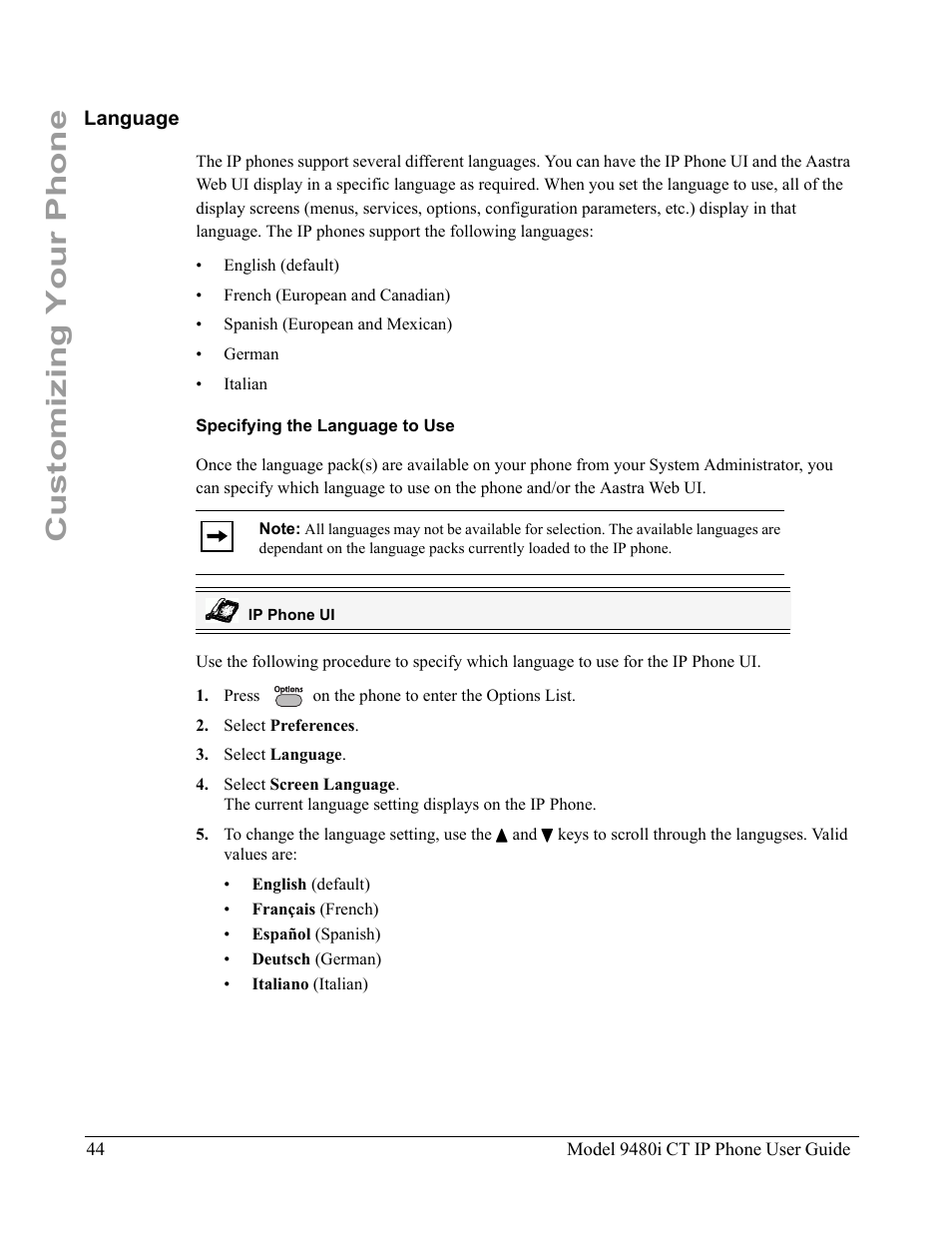 Language, Specifying the language to use, Customizing your phone | Aastra Telecom 9480i CT User Manual | Page 54 / 290