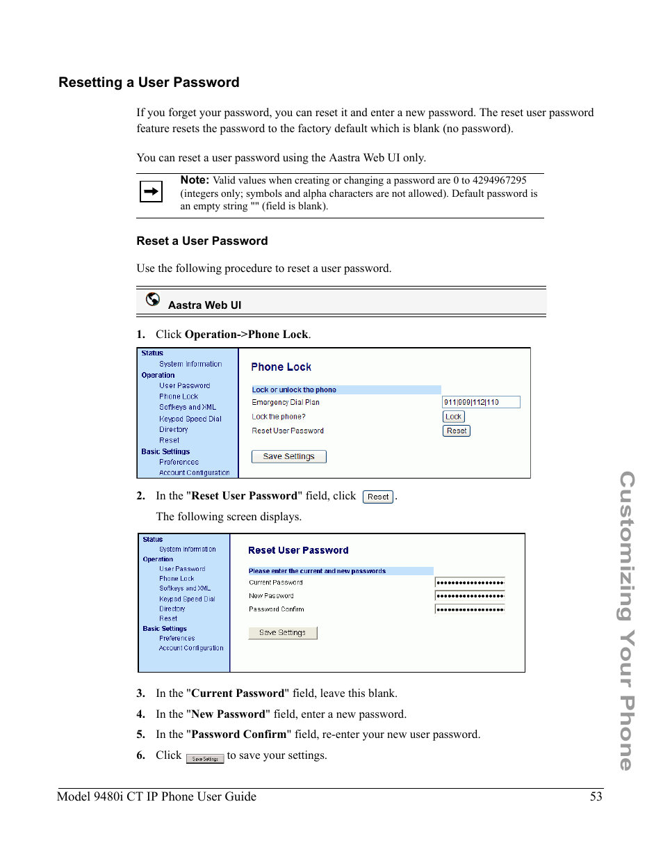 Resetting a user password, Reset a user password, Customizing your phone | Aastra Telecom 9480i CT User Manual | Page 63 / 290