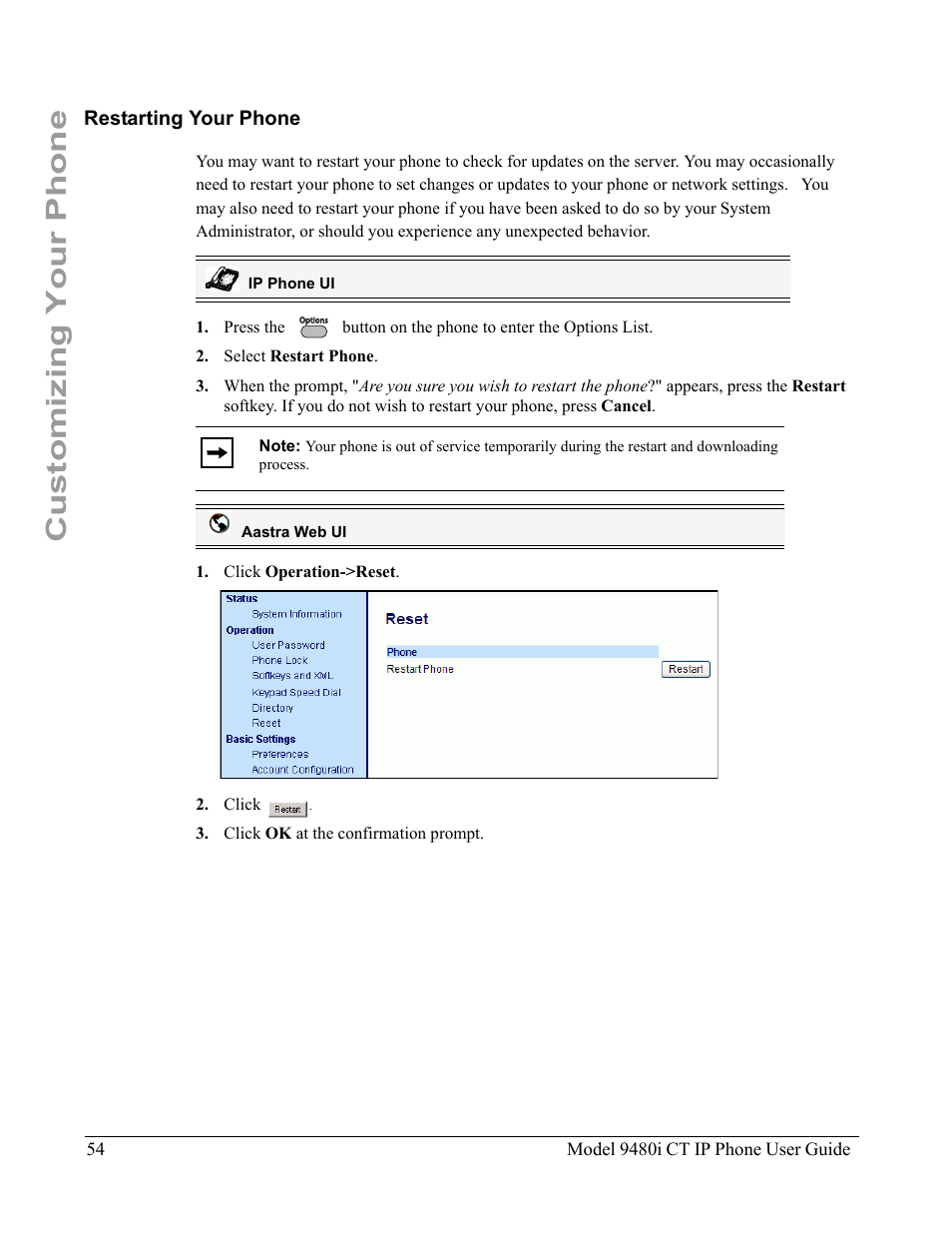 Restarting your phone, Customizing your phone | Aastra Telecom 9480i CT User Manual | Page 64 / 290