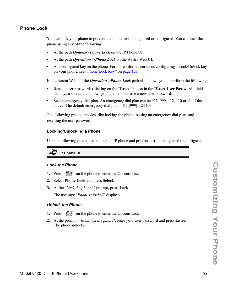 Phone lock, Locking/unlocking a phone, Lock the phone | Unlock the phone, Customizing your phone | Aastra Telecom 9480i CT User Manual | Page 65 / 290