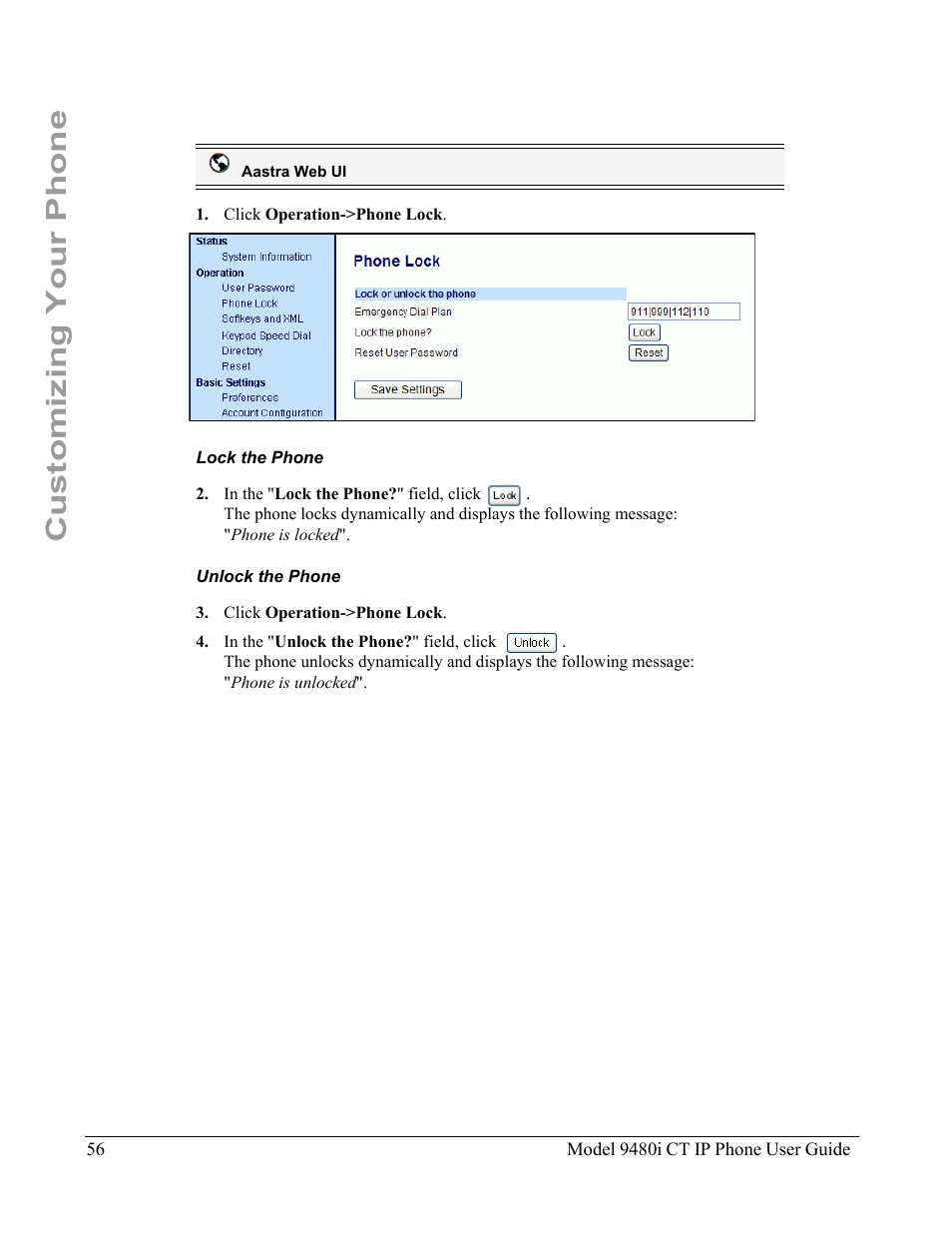 Lock the phone, Unlock the phone, Customizing your phone | Aastra Telecom 9480i CT User Manual | Page 66 / 290