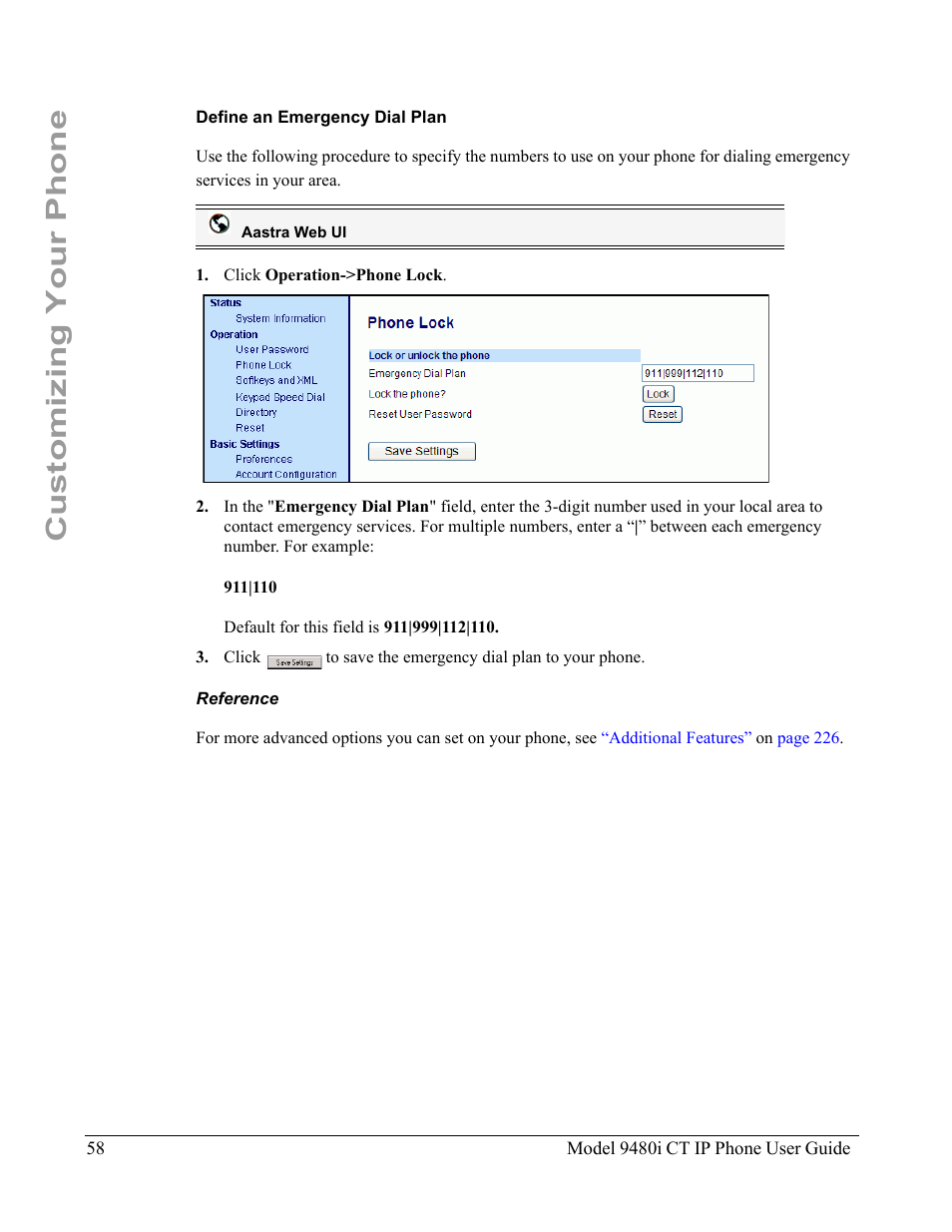 Define an emergency dial plan, Reference, Customizing your phone | Aastra Telecom 9480i CT User Manual | Page 68 / 290
