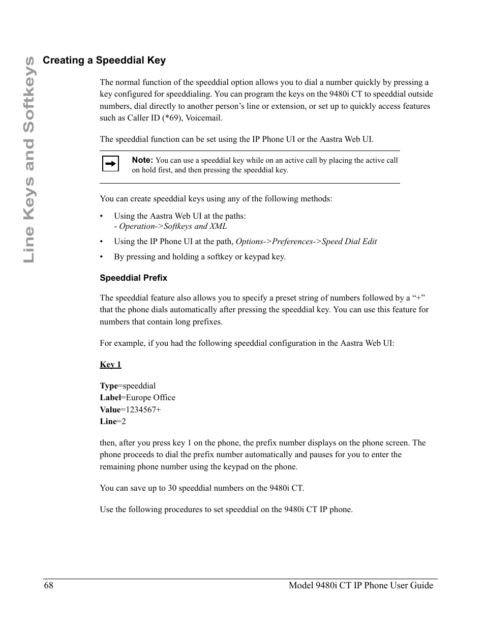 Creating a speeddial key, Speeddial prefix, Line keys and softkeys | Aastra Telecom 9480i CT User Manual | Page 78 / 290