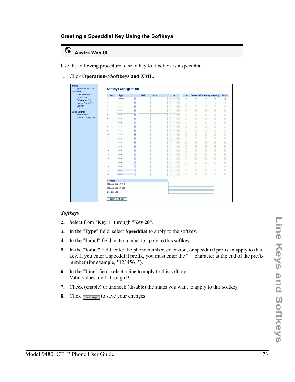 Creating a speeddial key using the softkeys, Line keys and softkeys | Aastra Telecom 9480i CT User Manual | Page 83 / 290