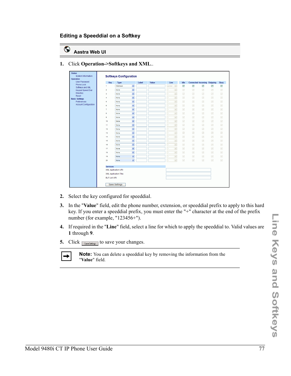 Editing a speeddial on a softkey, Line keys and softkeys | Aastra Telecom 9480i CT User Manual | Page 87 / 290