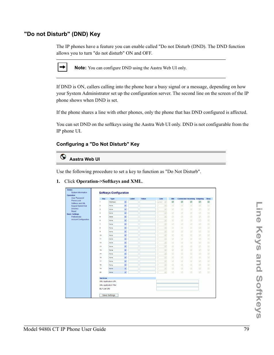 Do not disturb" (dnd) key, Configuring a "do not disturb" key, Line keys and softkeys | Aastra Telecom 9480i CT User Manual | Page 89 / 290
