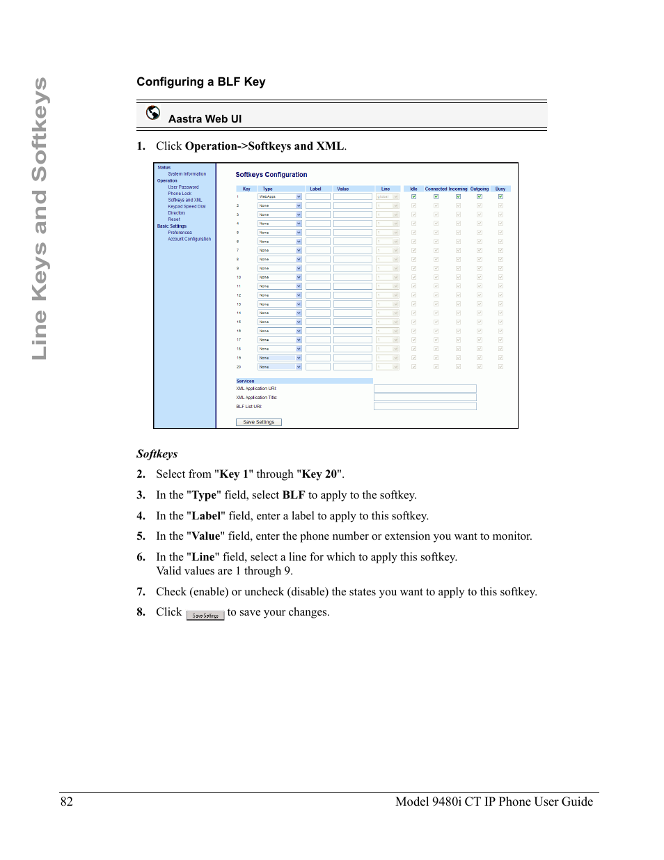Configuring a blf key, Line keys and softkeys | Aastra Telecom 9480i CT User Manual | Page 92 / 290