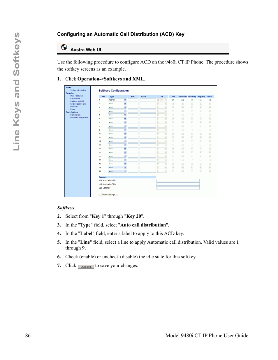 Line keys and softkeys | Aastra Telecom 9480i CT User Manual | Page 96 / 290