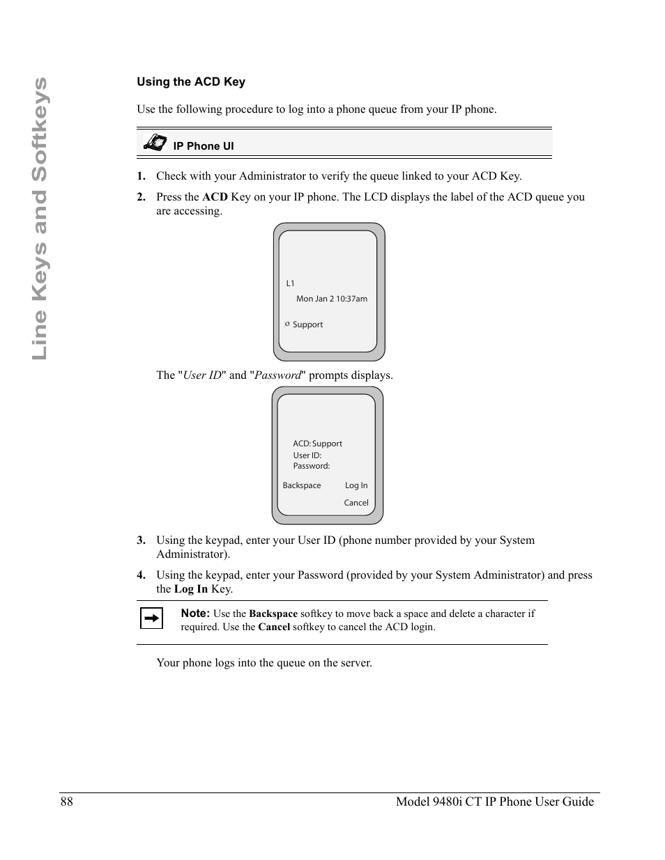 Using the acd key, Line keys and softkeys | Aastra Telecom 9480i CT User Manual | Page 98 / 290
