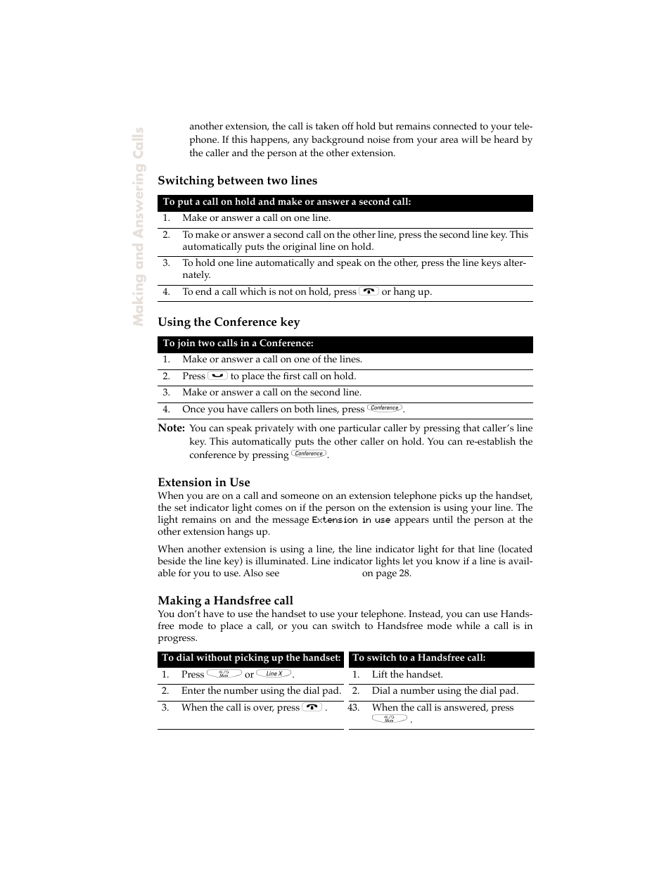 Switching between two lines, Using the conference key, Extension in use | Making a handsfree call, Making and answering calls | Aastra Telecom 9120 User Manual | Page 12 / 40