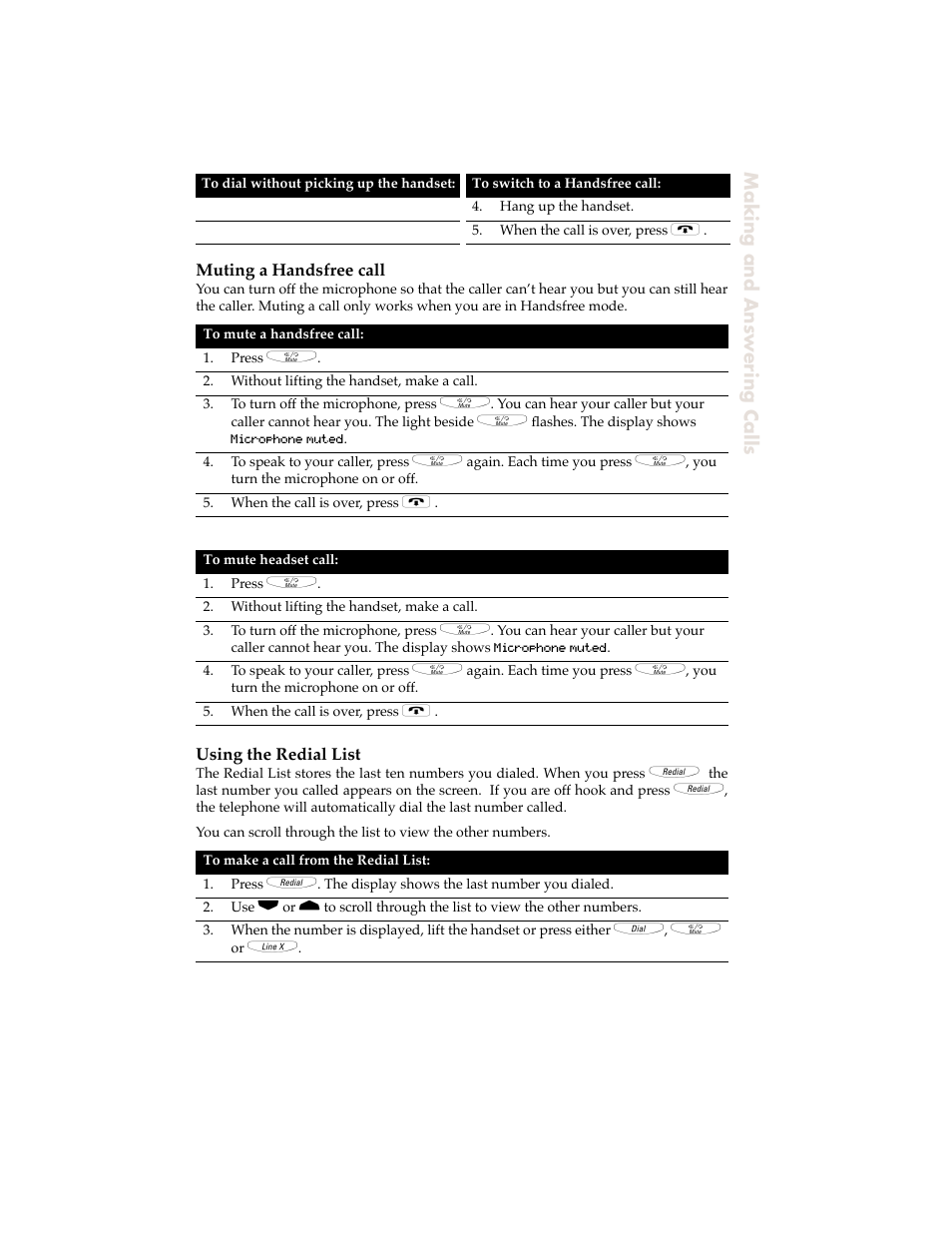 Muting a handsfree call, Using the redial list, Making and answering calls | Aastra Telecom 9120 User Manual | Page 13 / 40