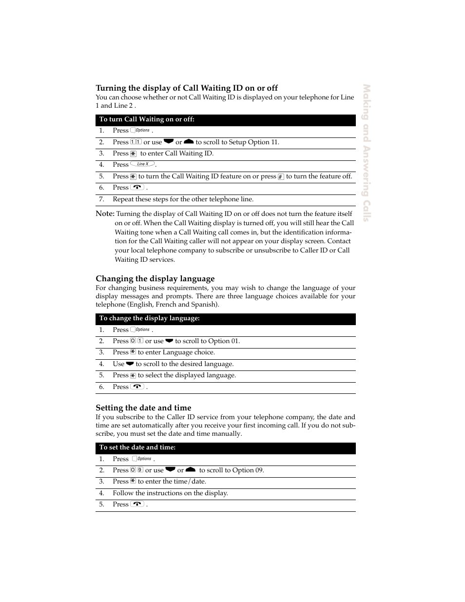 Turning the display of call waiting id on or off, Changing the display language, Setting the date and time | Making and answering calls | Aastra Telecom 9120 User Manual | Page 15 / 40