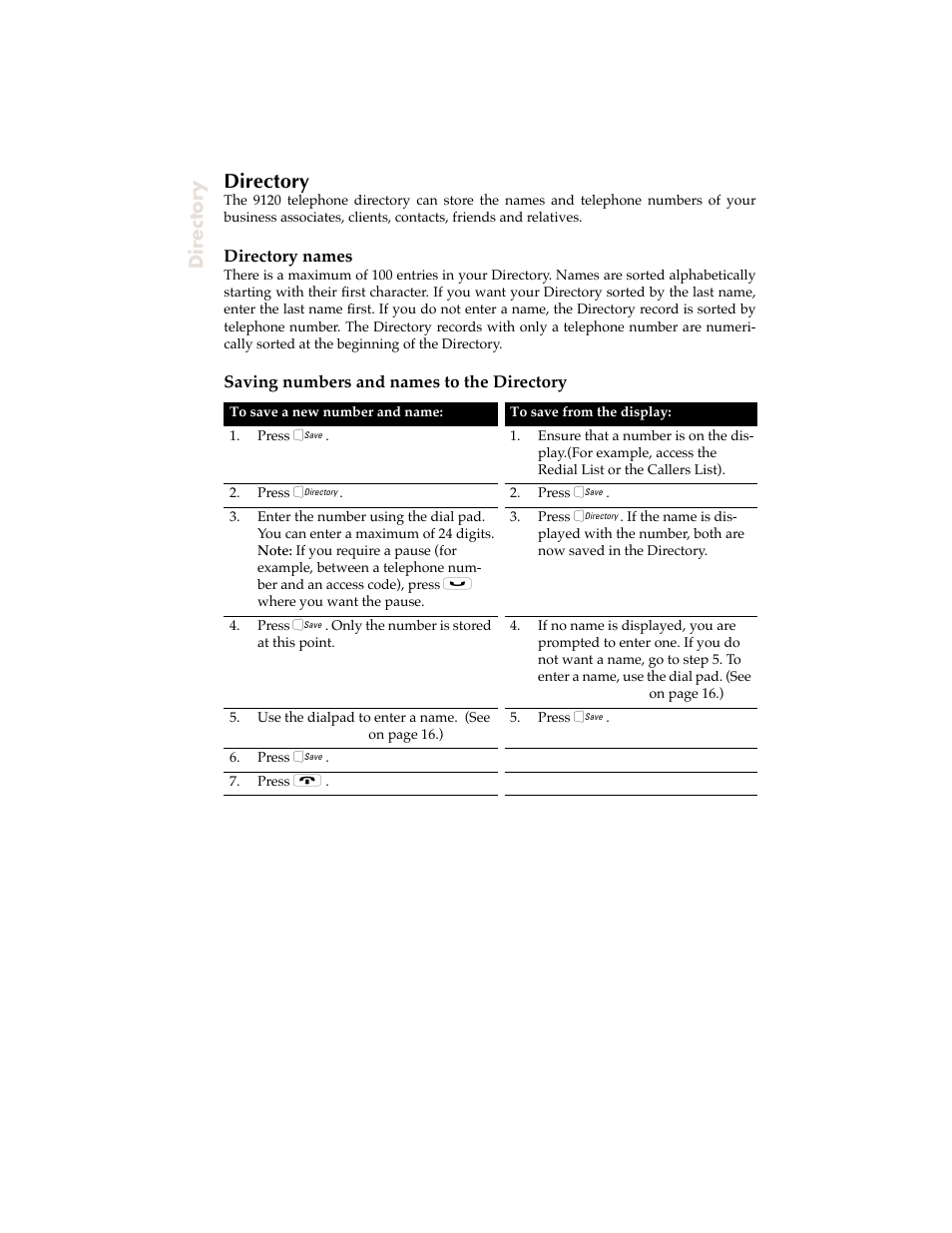 Directory, Directory names, Saving numbers and names to the directory | Aastra Telecom 9120 User Manual | Page 18 / 40