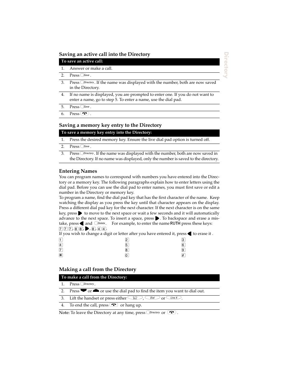 Saving an active call into the directory, Saving a memory key entry to the directory, Entering names | Making a call from the directory | Aastra Telecom 9120 User Manual | Page 19 / 40
