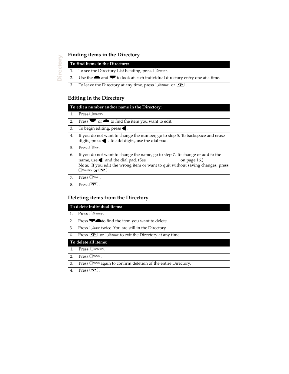 Finding items in the directory, Editing in the directory, Deleting items from the directory | Directory | Aastra Telecom 9120 User Manual | Page 20 / 40