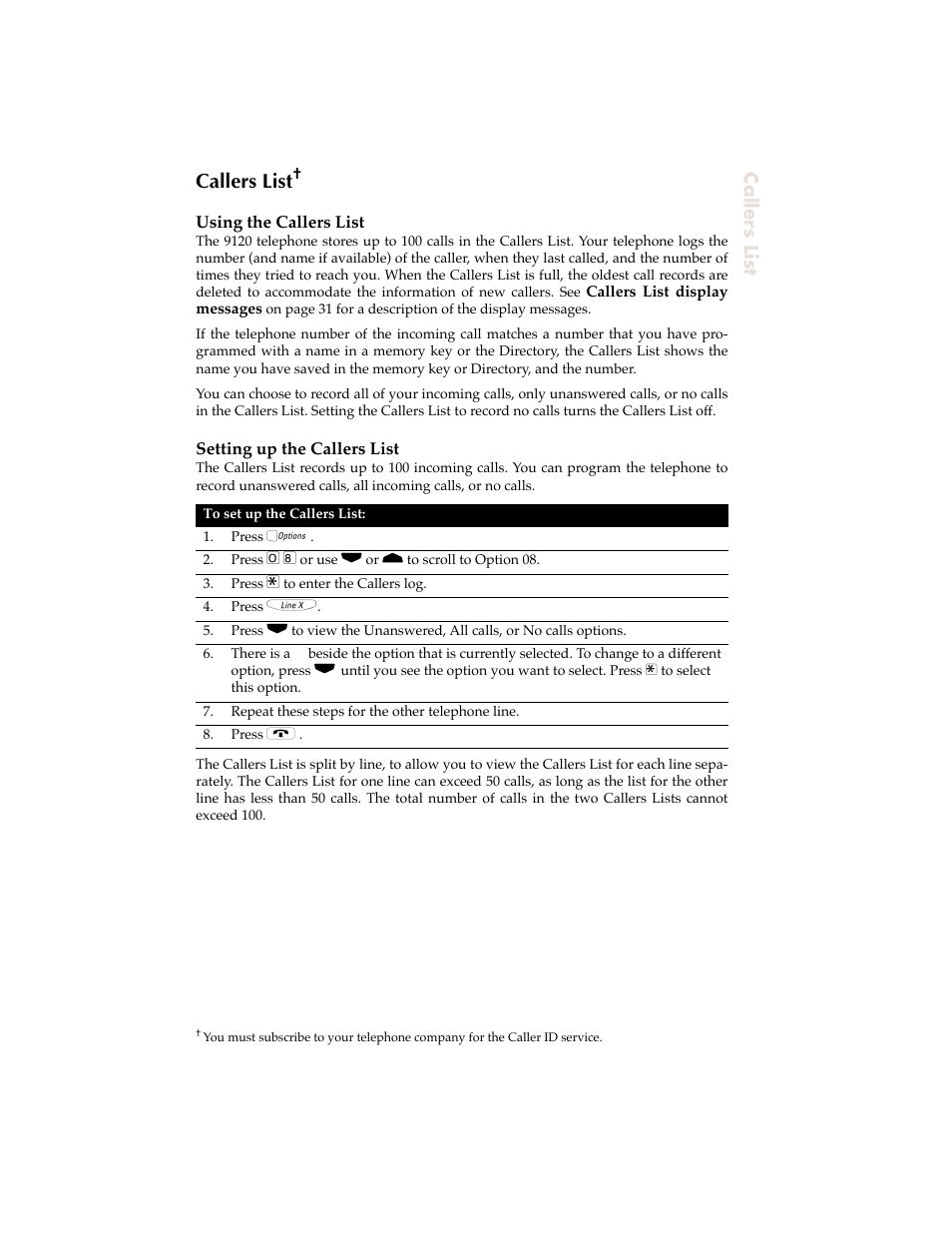 Callers list, Using the callers list, Setting up the callers list | Callers, List | Aastra Telecom 9120 User Manual | Page 21 / 40