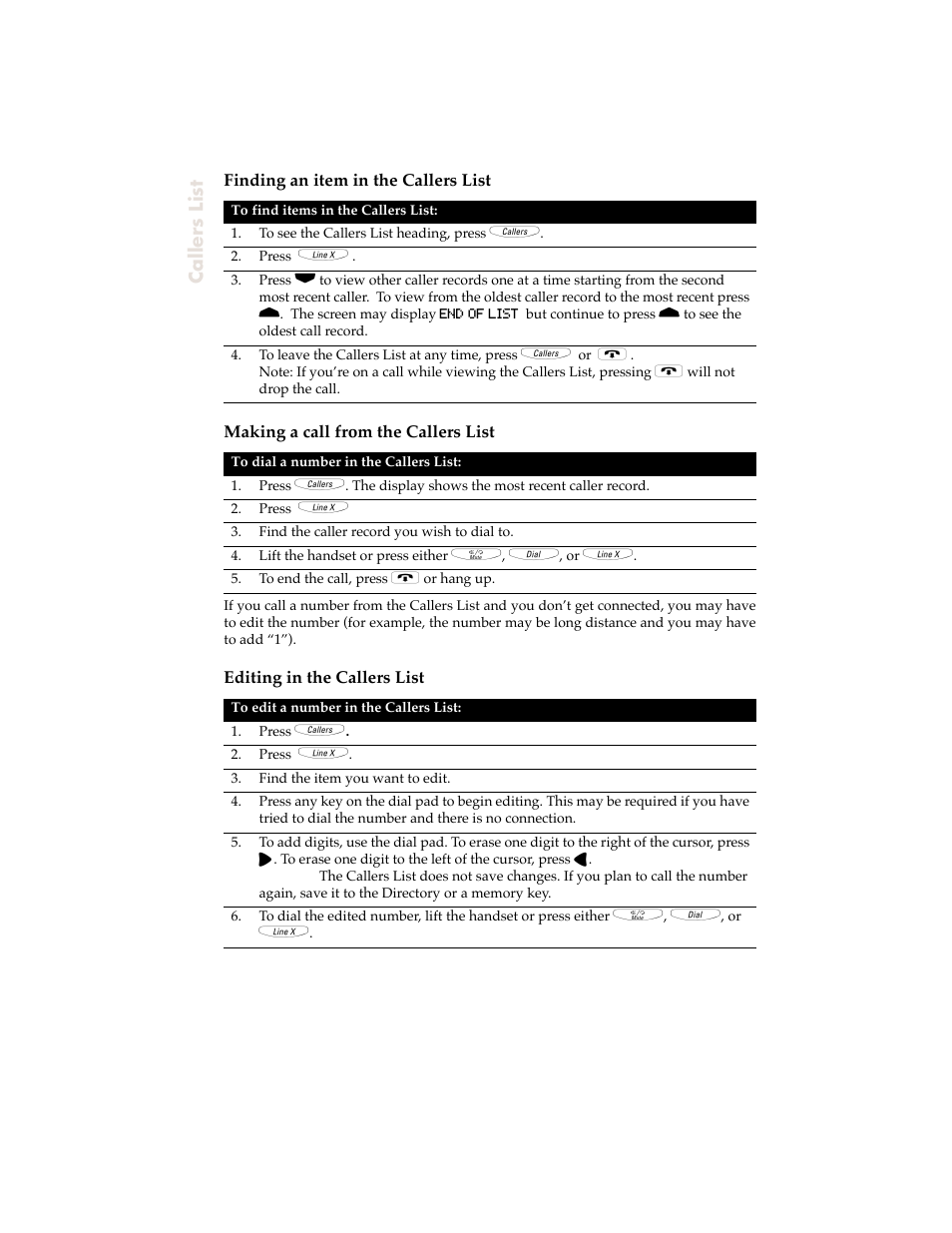Finding an item in the callers list, Making a call from the callers list, Editing in the callers list | Callers list | Aastra Telecom 9120 User Manual | Page 22 / 40