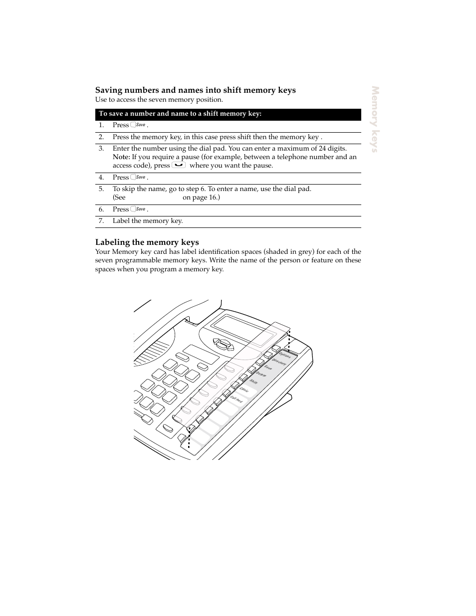 Saving numbers and names into shift memory keys, Labeling the memory keys | Aastra Telecom 9120 User Manual | Page 25 / 40