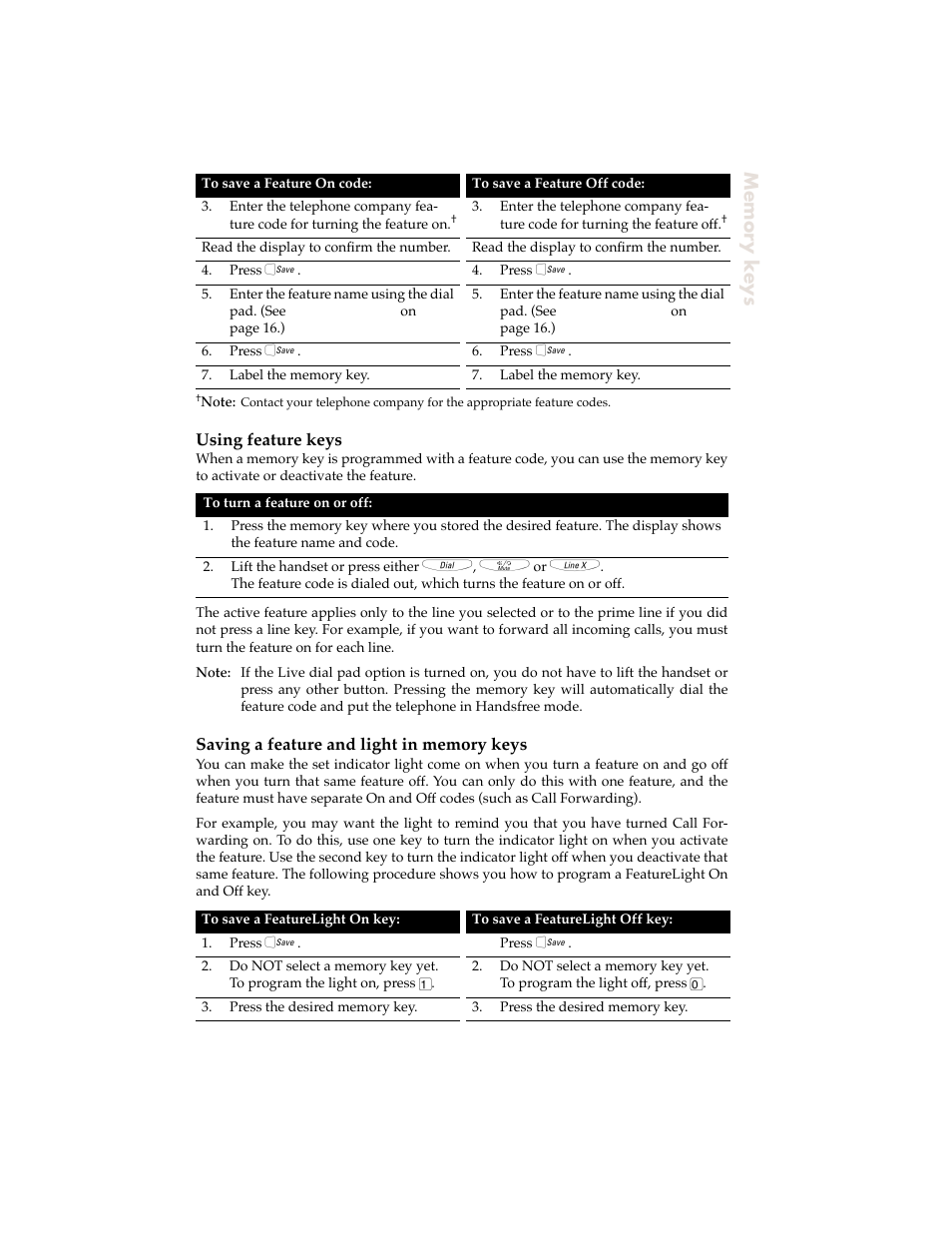 Using feature keys, Saving a feature and light in memory keys | Aastra Telecom 9120 User Manual | Page 27 / 40