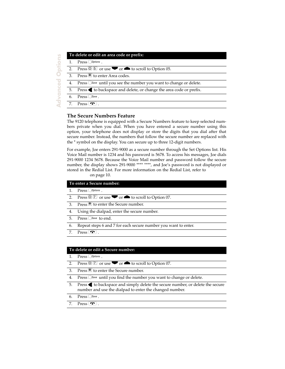 The secure numbers feature, Advanced options | Aastra Telecom 9120 User Manual | Page 30 / 40