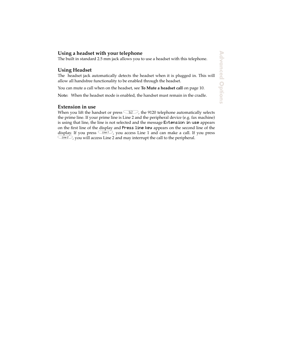Using a headset with your telephone, Using headset, Extension in use | D 2.5mm jack. see, Using a, Headset with your telephone | Aastra Telecom 9120 User Manual | Page 31 / 40
