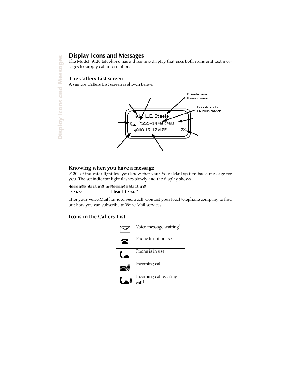 Display icons and messages, The callers list screen, Knowing when you have a message | Icons in the callers list | Aastra Telecom 9120 User Manual | Page 32 / 40