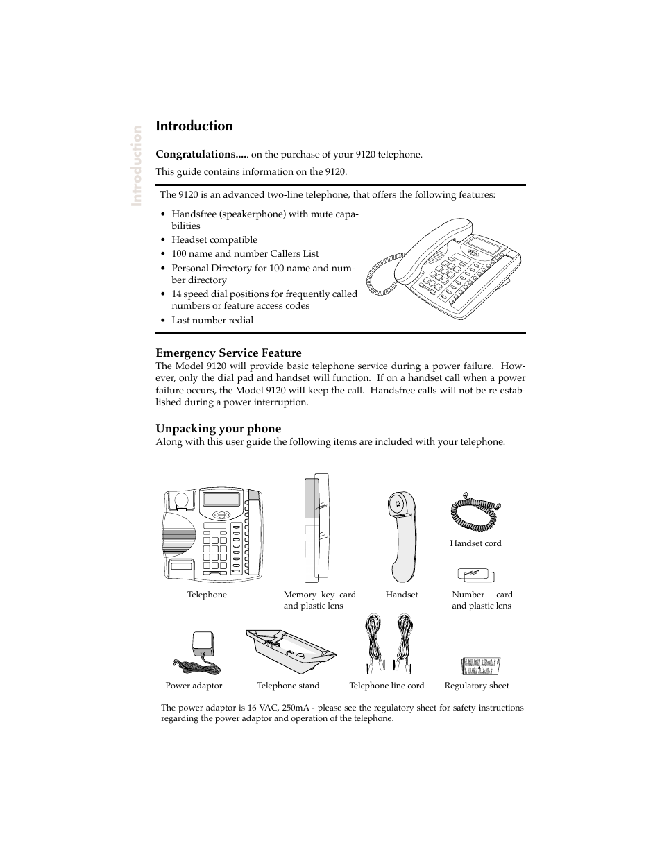Introduction, Emergency service feature, Unpacking your phone | Aastra Telecom 9120 User Manual | Page 4 / 40