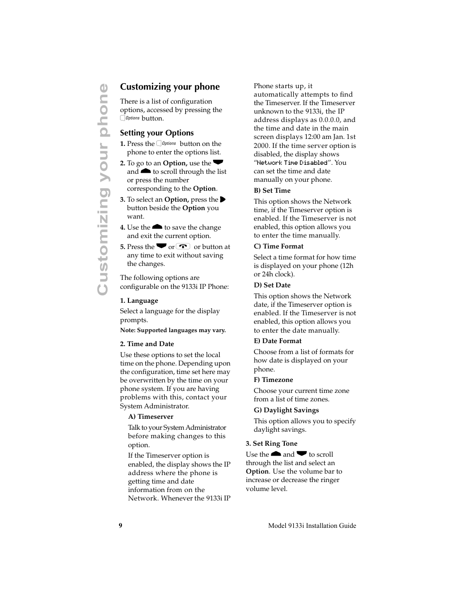 Customizing your phone | Aastra Telecom 9133i (INSTALLATION GUIDE) User Manual | Page 12 / 16