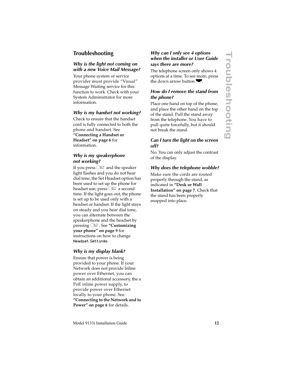 Troubleshooting | Aastra Telecom 9133i (INSTALLATION GUIDE) User Manual | Page 15 / 16