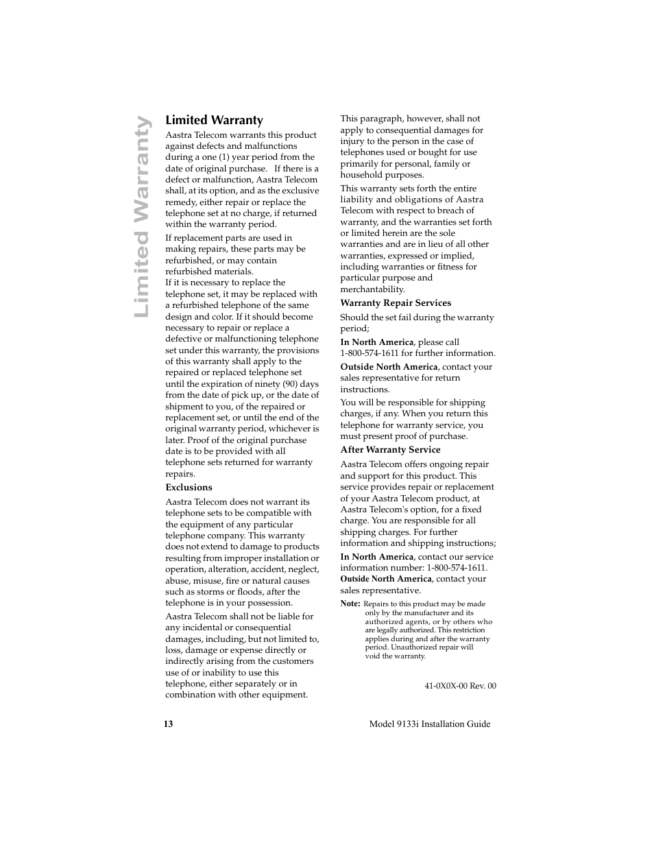 Limited warranty | Aastra Telecom 9133i (INSTALLATION GUIDE) User Manual | Page 16 / 16
