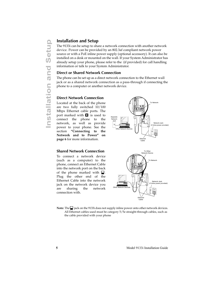 Installation and setup, Direct or shared network connection, Direct network connection | Shared network connection | Aastra Telecom 9133i (INSTALLATION GUIDE) User Manual | Page 8 / 16