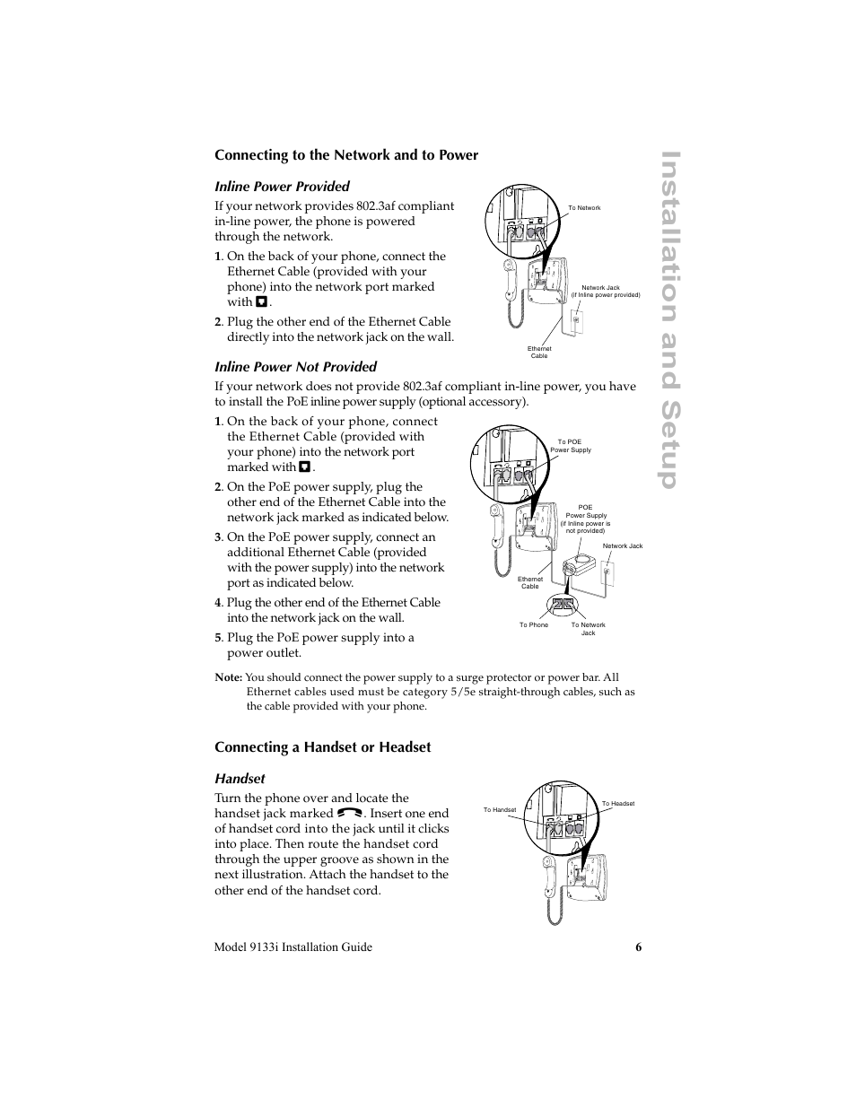 Installation and setup, Connecting to the network and to power, Connecting a handset or headset | Aastra Telecom 9133i (INSTALLATION GUIDE) User Manual | Page 9 / 16