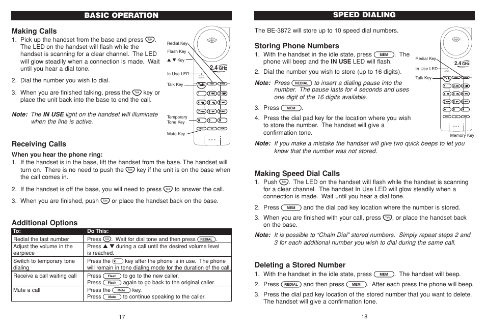 Storing phone numbers, Making speed dial calls, Deleting a stored number | Speed dialing, Making calls, Receiving calls, Additional options basic operation | Aastra Telecom BE-3872 User Manual | Page 10 / 18
