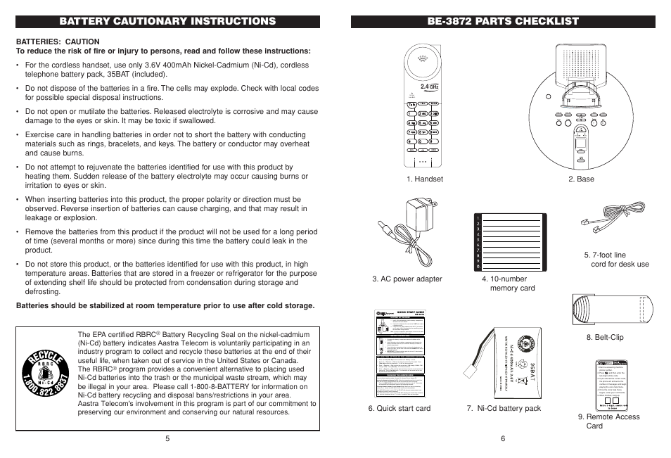 Be-3872 parts checklist, Battery cautionary instructions | Aastra Telecom BE-3872 User Manual | Page 4 / 18
