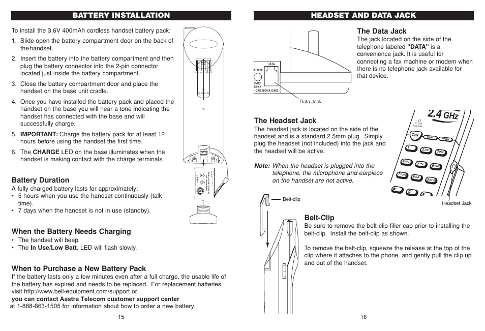 The data jack, The headset jack, Belt-clip | Headset and data jack, Battery duration, When the battery needs charging, When to purchase a new battery pack, Battery installation | Aastra Telecom BE-3872 User Manual | Page 9 / 18