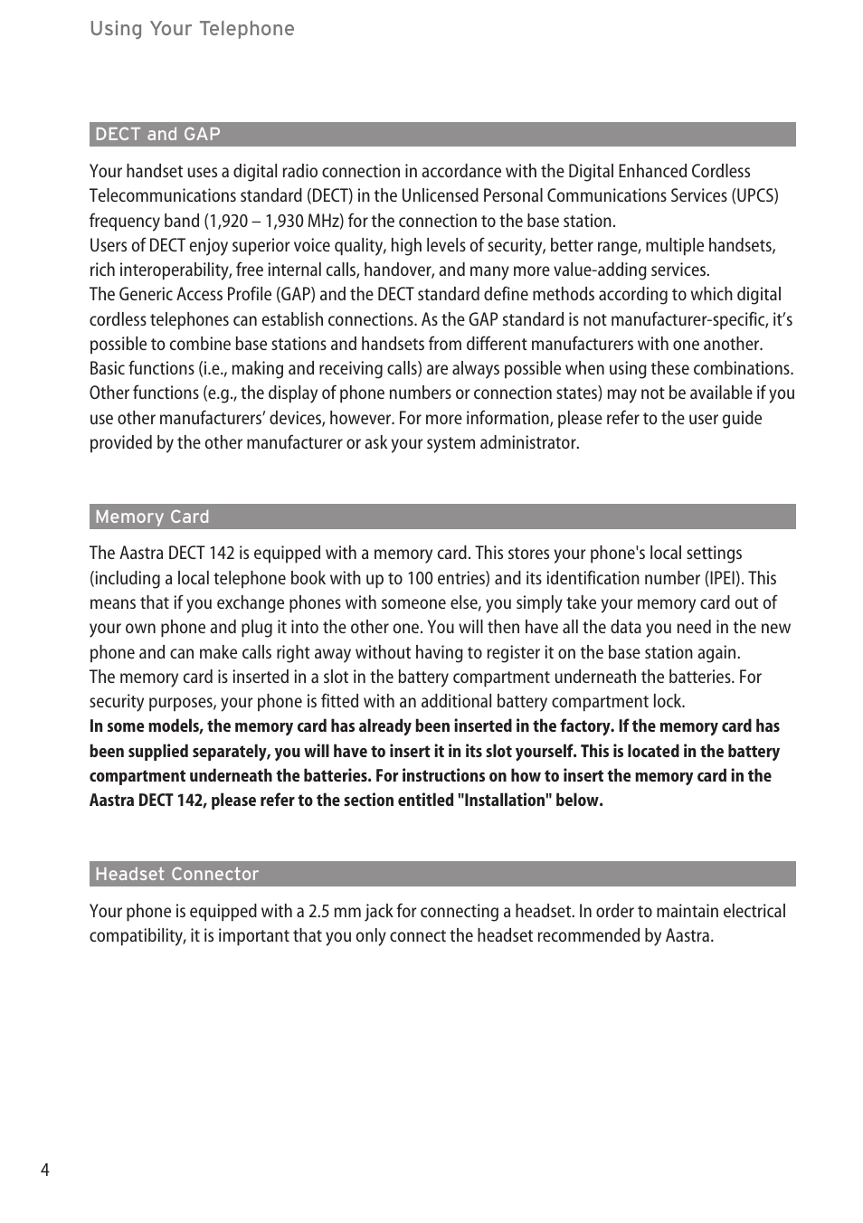 Dect and gap, Memory card, Headset connector | Aastra Telecom DECT 142 User Manual | Page 10 / 72